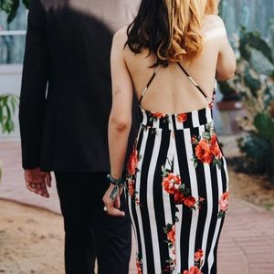 Black and White Striped Rose Print Dress